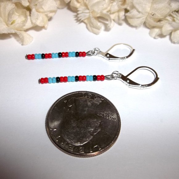 Linear Seed Bead Drop Earring Minimalist Sleek Red Turquoise Blue Black Set A726 - Picture 6 of 9